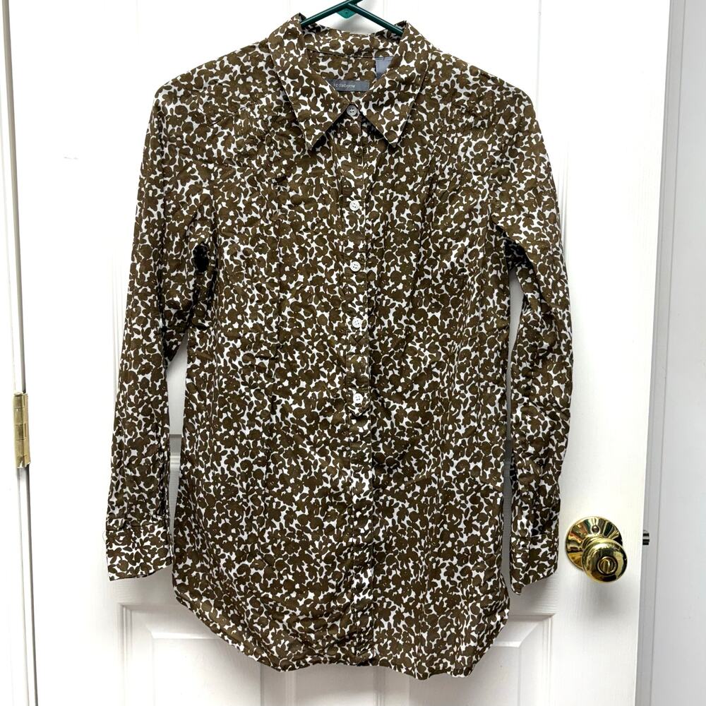 Liz Claiborne Blouse, Brown White Light Cotton Floral Button Up, Women's Size MP